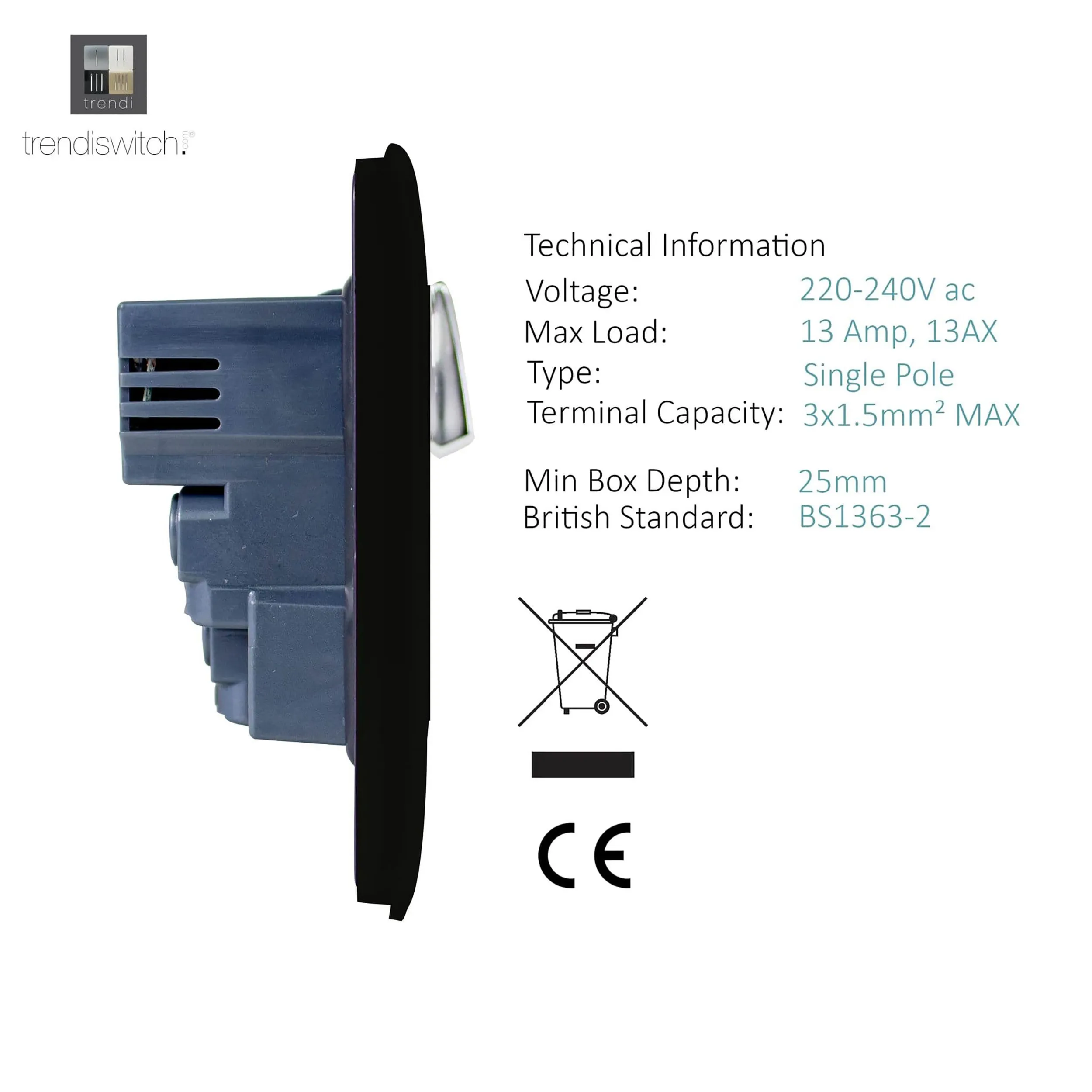 1 Gang 13Amp Switched Single Socket With 2 x USB Matt Black ART-SKT13USBMBK  Trendi Matt Black